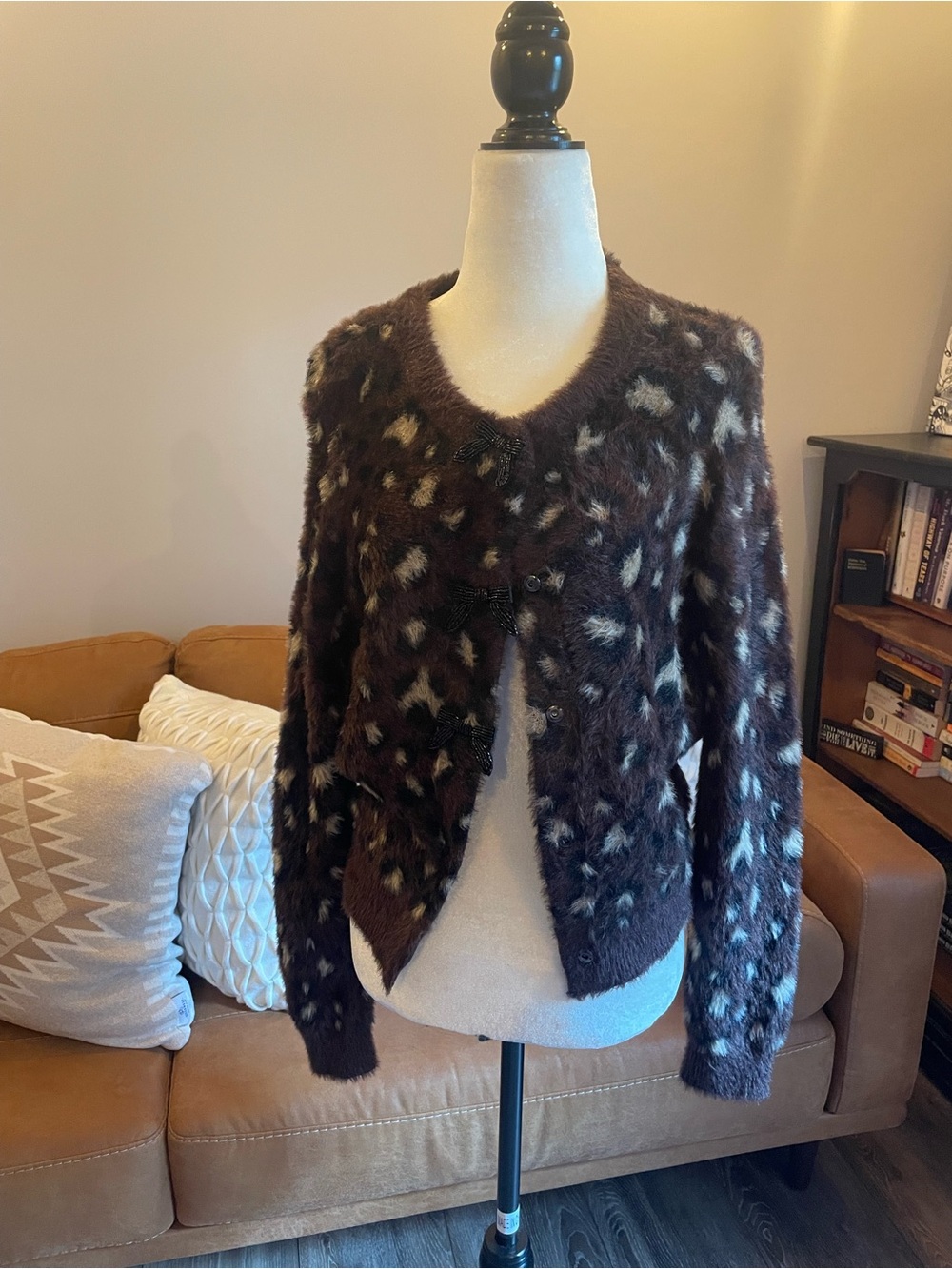 Black Tape_ Faux Fur Animal Print Sweater in Dark Brown and Cream